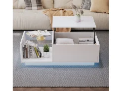 Mesa de centro de alto brillo - altura ajustable - con almacenamiento + estantes - blanco