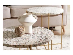 Mesa de centro de diseño redonda en terrazo y metal dorado 55 cm diám. MEZZO