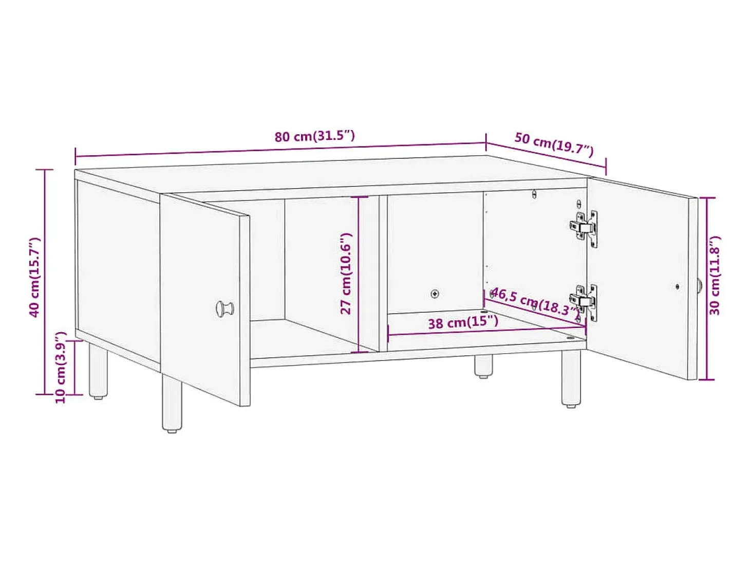 Mesa de centro de madera maciza de mango 80x50x40 cm