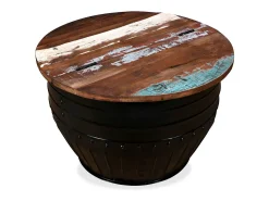Mesa de centro de madera maciza reciclada negra forma de barril