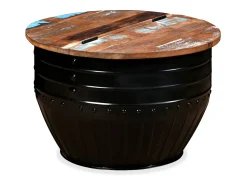 Mesa de centro de madera maciza reciclada negra forma de barril