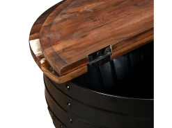 Mesa de centro de madera maciza reciclada negra forma de barril