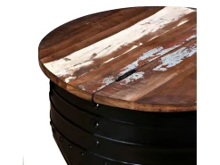Mesa de centro de madera maciza reciclada negra forma de barril