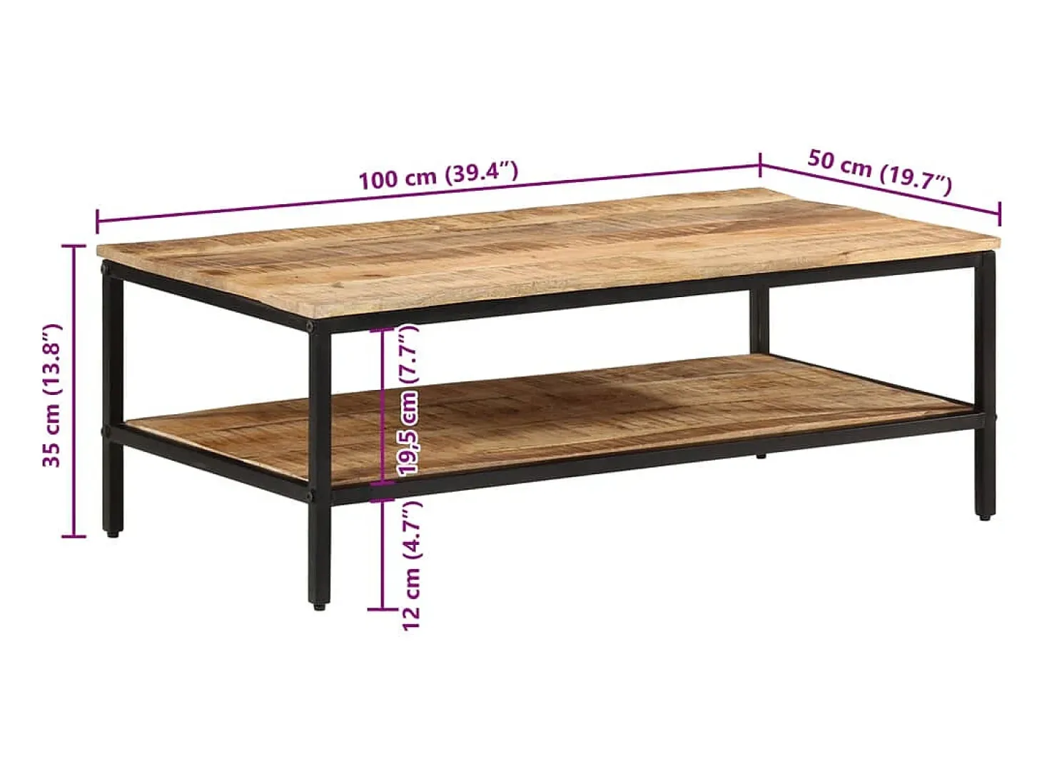 Mesa de centro de madera maciza de mango rugosa 100x50x35 cm