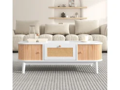 Mesa de centro de ratán con cajones y puertas en estilo rústico natural.