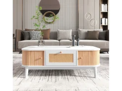 Mesa de centro de ratán con cajones y puertas en estilo rústico natural.