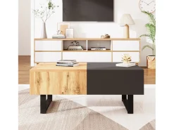Mesa de centro deslizante multifuncional moderna con almacenamiento oculto, tablero de partículas, metal natural y antracita (155 x 55 x 40 cm)