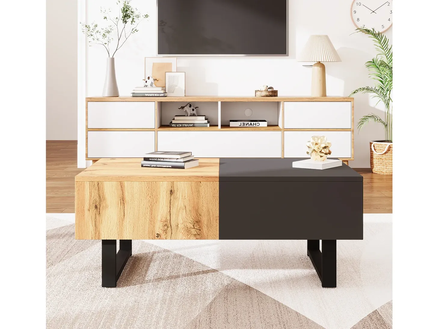Mesa de centro deslizante multifuncional moderna con almacenamiento oculto, tablero de partículas, metal natural y antracita (155 x 55 x 40 cm)