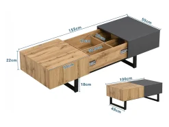 Mesa de centro deslizante multifuncional moderna con almacenamiento oculto, tablero de partículas, metal natural y antracita (155 x 55 x 40 cm)