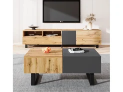 Mesa de centro deslizante multifuncional moderna con almacenamiento oculto, tablero de partículas, metal natural y antracita (155 x 55 x 40 cm)