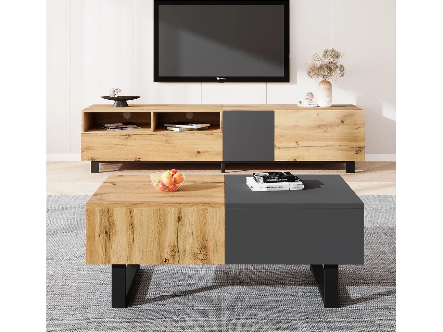 Mesa de centro deslizante multifuncional moderna con almacenamiento oculto, tablero de partículas, metal natural y antracita (155 x 55 x 40 cm)