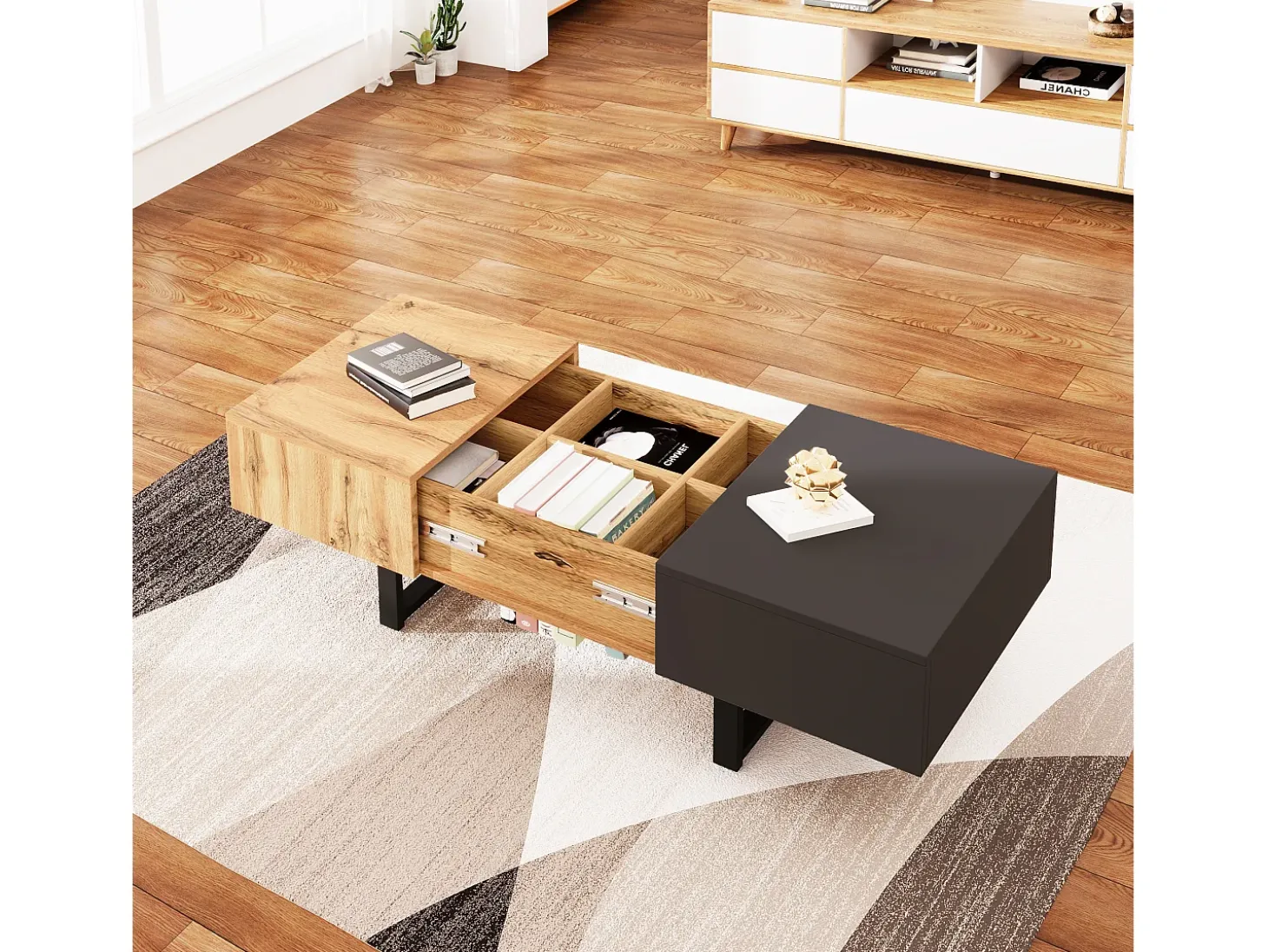 Mesa de centro deslizante multifuncional moderna con almacenamiento oculto, tablero de partículas, metal natural y antracita (155 x 55 x 40 cm)