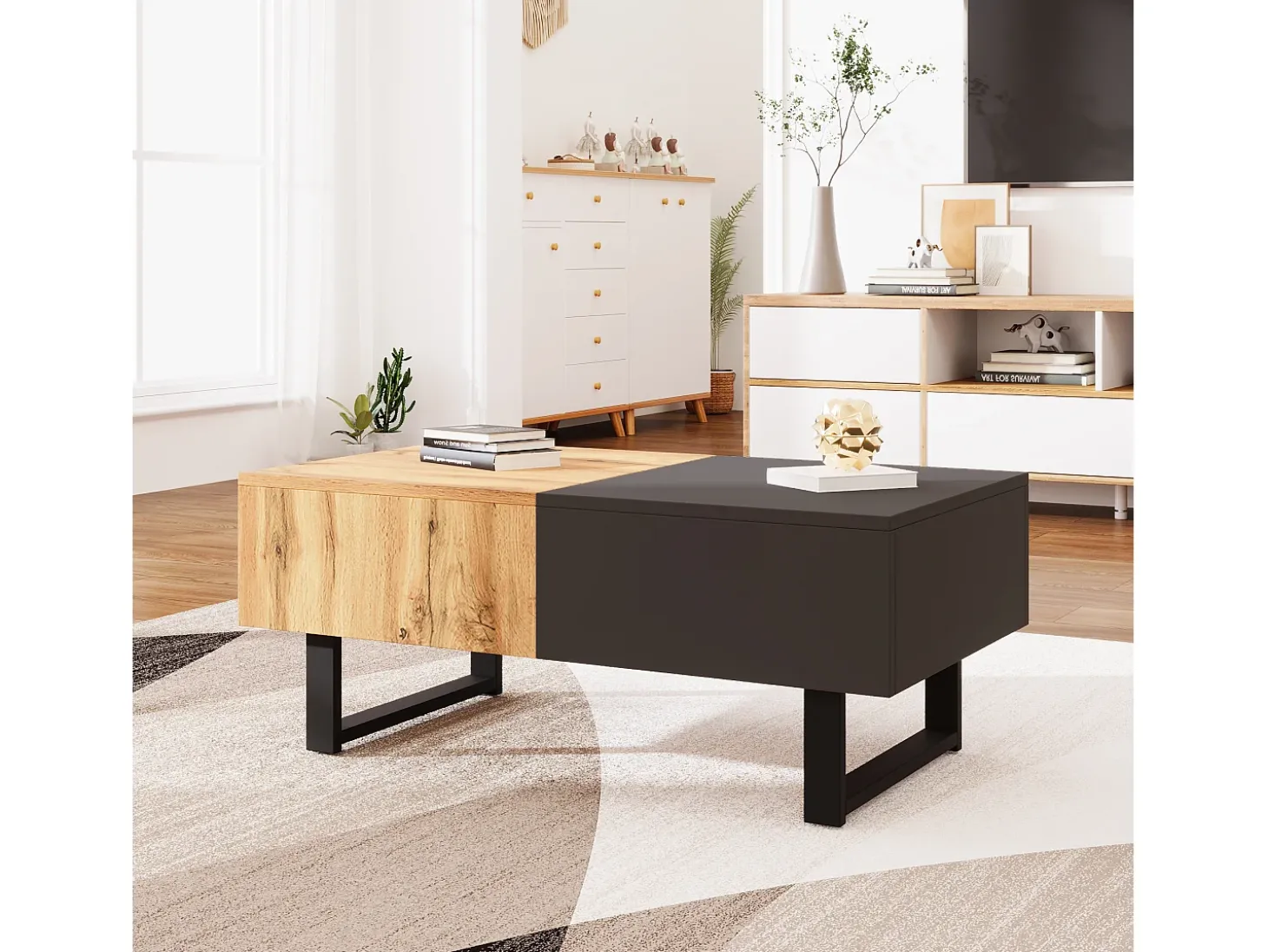 Mesa de centro deslizante multifuncional moderna con almacenamiento oculto, tablero de partículas, metal natural y antracita (155 x 55 x 40 cm)