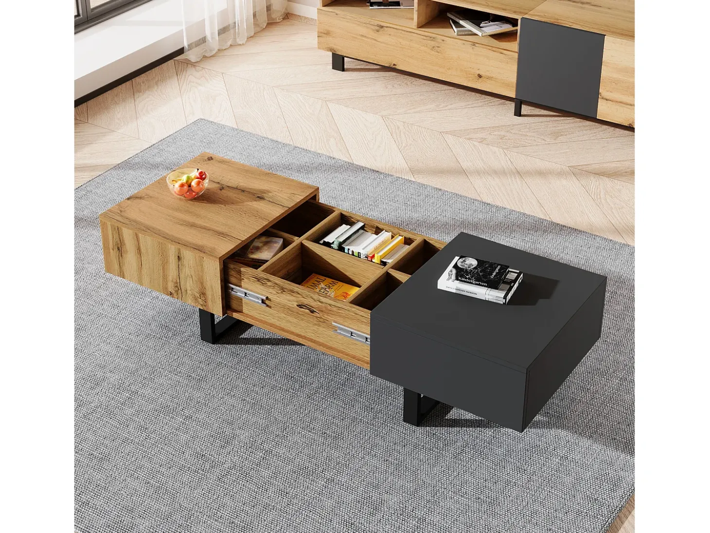 Mesa de centro deslizante multifuncional moderna con almacenamiento oculto, tablero de partículas, metal natural y antracita (155 x 55 x 40 cm)