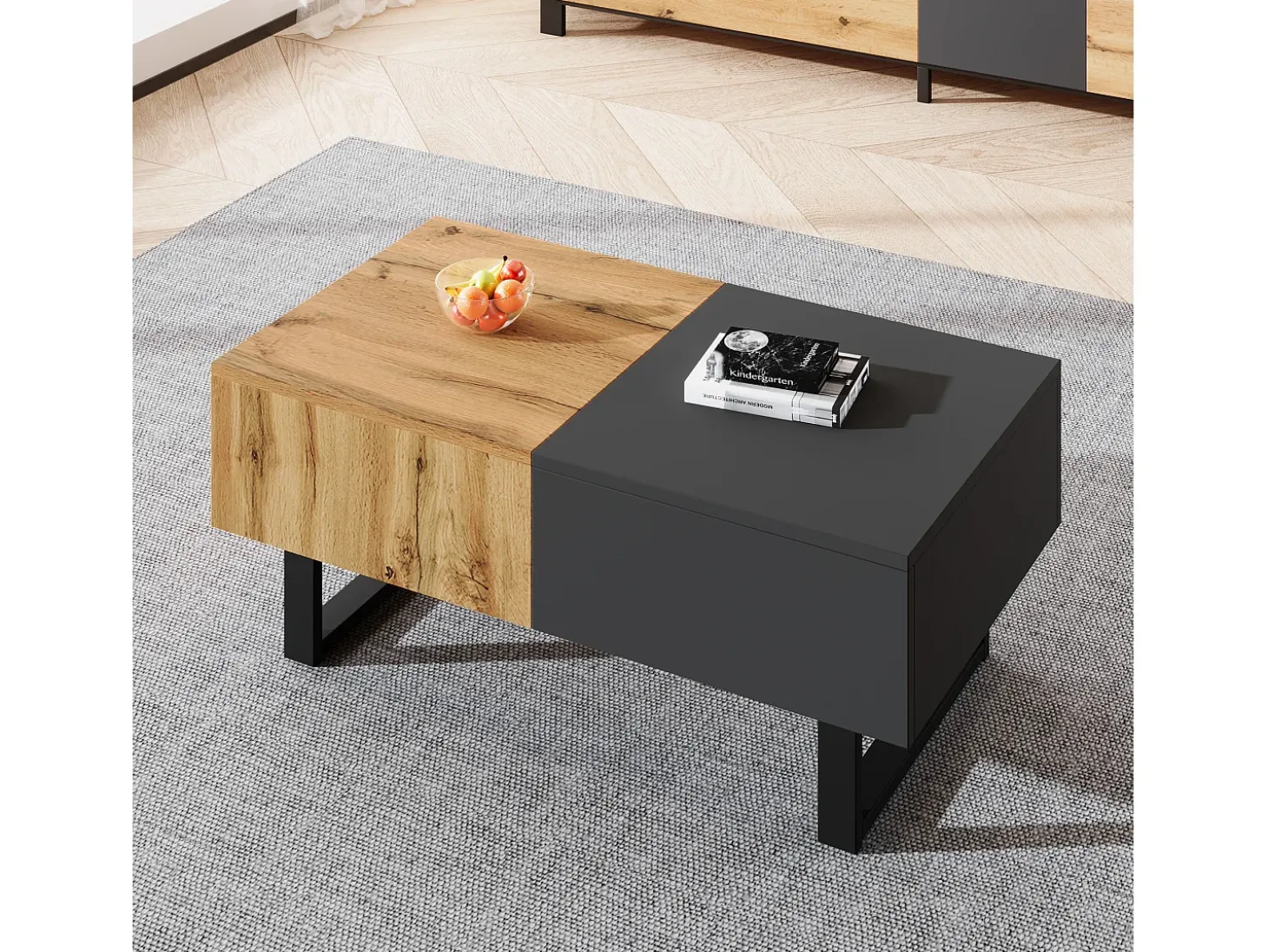 Mesa de centro deslizante multifuncional moderna con almacenamiento oculto, tablero de partículas, metal natural y antracita (155 x 55 x 40 cm)
