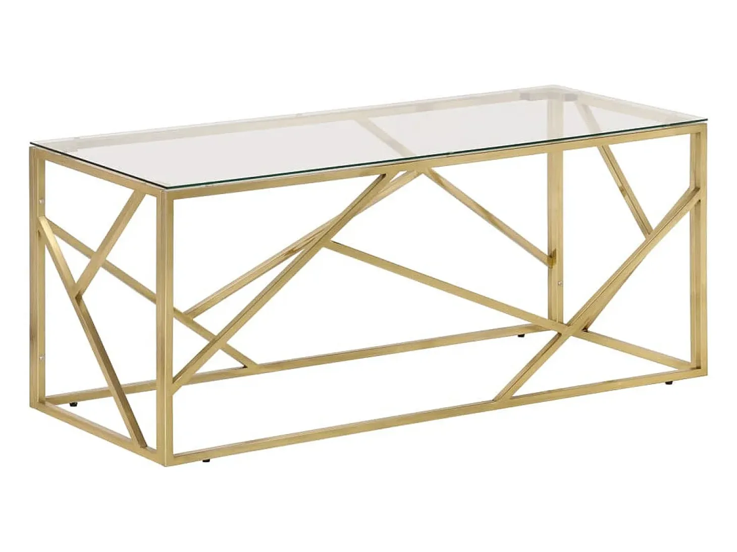 Mesa de centro dorada en acero inoxidable y cristal templado.