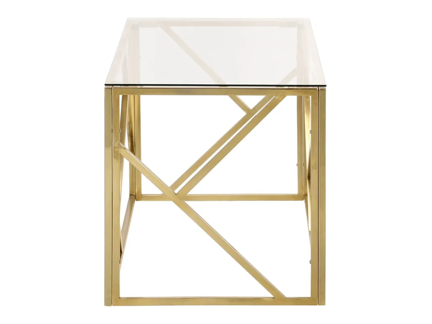Mesa de centro dorada en acero inoxidable y cristal templado.