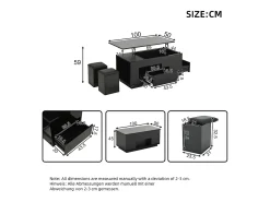 Mesa de centro elevable 4 en 1 - 100 x 50 x 45 cm - con LED + 2 cajones + 2 taburetes - aglomerado - negro