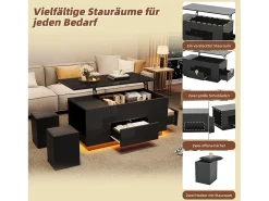 Mesa de centro elevable 4 en 1 - 100 x 50 x 45 cm - con LED + 2 cajones + 2 taburetes - aglomerado - negro