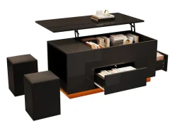 Mesa de centro elevable 4 en 1 - 100 x 50 x 45 cm - con LED + 2 cajones + 2 taburetes - aglomerado - negro