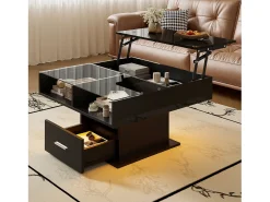 Mesa de centro elevable 78×78×45,5 cm - con iluminación LED - 1 cajón - estantes abiertos - negro