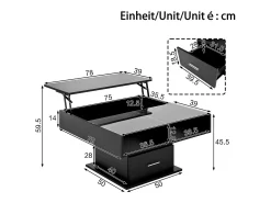 Mesa de centro elevable 78×78×45,5 cm - con iluminación LED - 1 cajón - estantes abiertos - negro