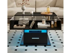 Mesa de centro elevable 78×78×45,5 cm - con iluminación LED - 1 cajón - estantes abiertos - negro