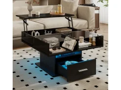 Mesa de centro elevable 78×78×45,5 cm - con iluminación LED - 1 cajón - estantes abiertos - negro