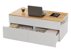 Mesa de centro elevable 100×50×40 cm - con 2 cajones - MDF - blanco + natural