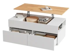 Mesa de centro elevable 100×50×40 cm - con 2 cajones - MDF - blanco + natural