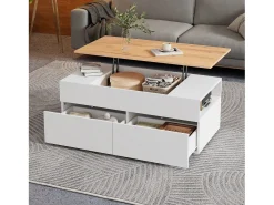 Mesa de centro elevable 100×50×40 cm - con 2 cajones - MDF - blanco + natural