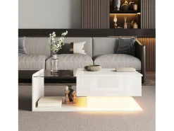 Mesa de centro elevable alto brillo 100×50×47,5 cm - Plato de vidrio - Iluminación LED - Paneles de aglomerado - blanco