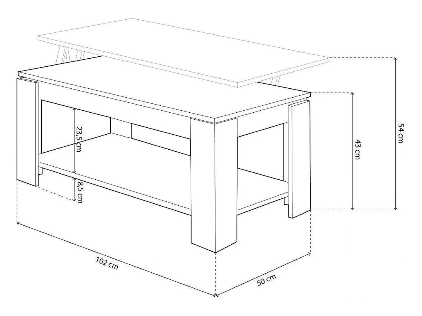 Mesa de centro elevable con almacenaje en blanco mate 120x43-54 cm Lya Blanco Artik (Blanco Mate)