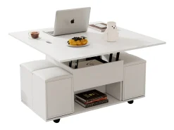 Mesa de centro elevable con 4 taburetes y 2 mesas - 100 x 50 x 48 cm - Tablero de partículas - Blanco
