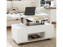 Mesa de centro elevable con 4 taburetes y 2 mesas - 100 x 50 x 48 cm - Tablero de partículas - Blanco