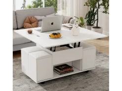 Mesa de centro elevable con 4 taburetes y 2 mesas - 100 x 50 x 48 cm - Tablero de partículas - Blanco