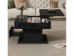Mesa de centro elevable 70x70x45cm - Tablero giratorio 360° - con 1 cajón - Almacenamiento oculto - Acabado brillante - ​​Negro​