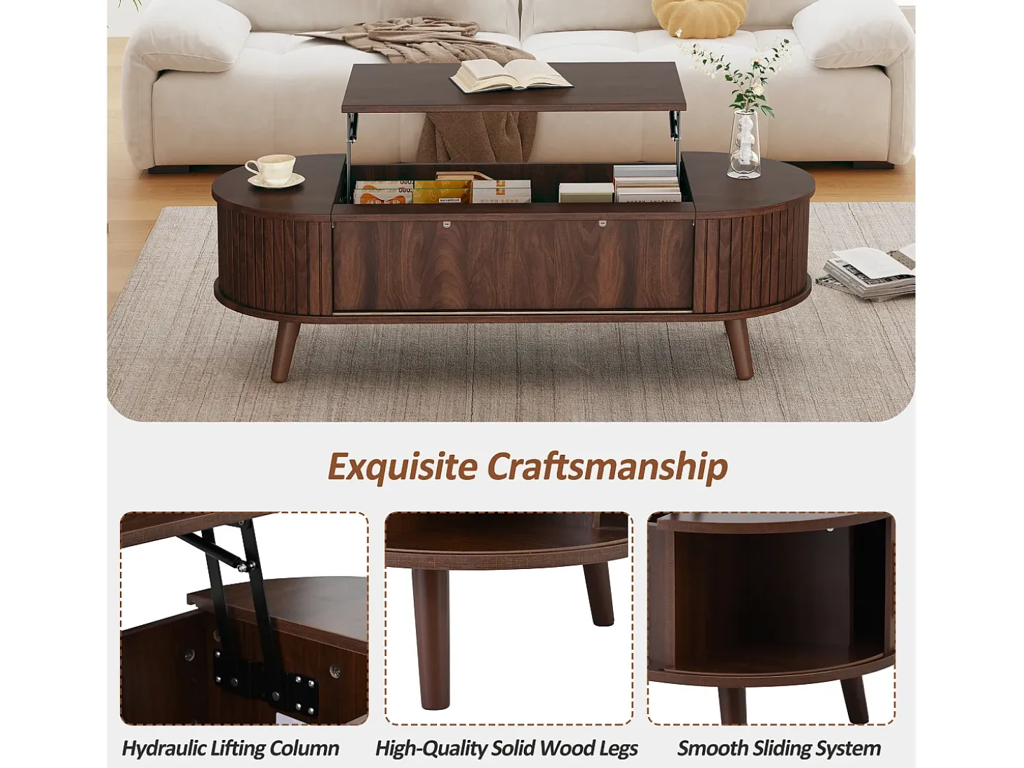 Mesa de centro elevable 120x50x39,5 cm - 2 puertas - Almacenamiento oculto - Patas de madera maciza - Marrón
