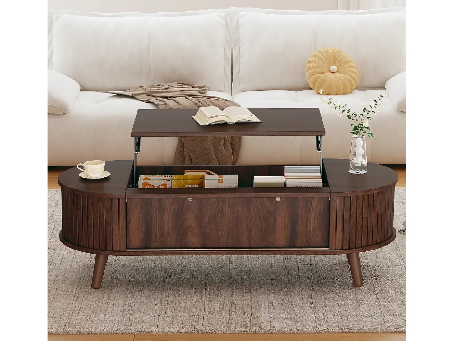 Mesa de centro elevable 120x50x39,5 cm - 2 puertas - Almacenamiento oculto - Patas de madera maciza - Marrón