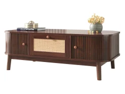 Mesa de Centro Estilo Cottage 110x55x38,5cm - Mesa de Centro con Cajones de Ratán y Puertas Correderas con Listones de Madera Maciza Patas de Madera Maciza - Marrón
