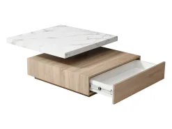 Mesa de centro giratoria con 1 cajón de MDF - Efecto mármol blanco y Natural - KYRIA