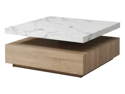 Mesa de centro giratoria con 1 cajón de MDF - Efecto mármol blanco y Natural - KYRIA