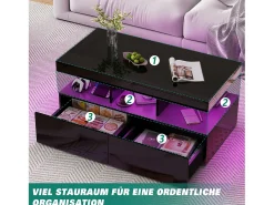 Mesa de centro inteligente con LED RGB: dos cajones, regulador de intensidad controlado por app, acabado brillante e impermeable, compatible con música.