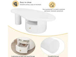 Mesa de centro irregular con 1 cajón y compartimento abierto - 110 x 60 x 37,5 cm - Tapa de MDF - Blanco