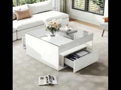 Mesa de centro lacada alto brillo - 70 x 70 x 35 cm - con 2 cajones + LED - tablero de cristal templado - MDF - blanco