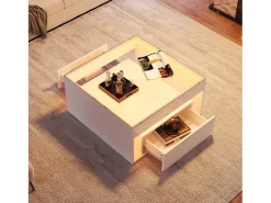 Mesa de centro lacada alto brillo - 70 x 70 x 35 cm - con 2 cajones + LED - tablero de cristal templado - MDF - blanco