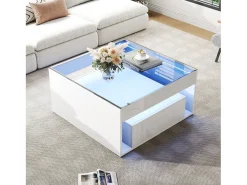 Mesa de centro lacada alto brillo - 70 x 70 x 35 cm - con 2 cajones + LED - tablero de cristal templado - MDF - blanco