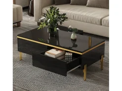 Mesa de centro lacada brillante 100x50x36 cm - 2 cajones - Patas de metal - Tableros de partículas - Negro