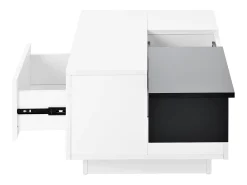 Mesa de centro lacada con iluminación LED, tablero extensible en blanco y negro, y espacio de almacenamiento oculto.