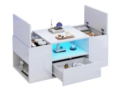 Mesa de centro lacada en alto brillo - 100 x 50 x 40 cm - con 1 cajón + LED + 6 compartimentos de almacenamiento - tablero de partículas - blanco